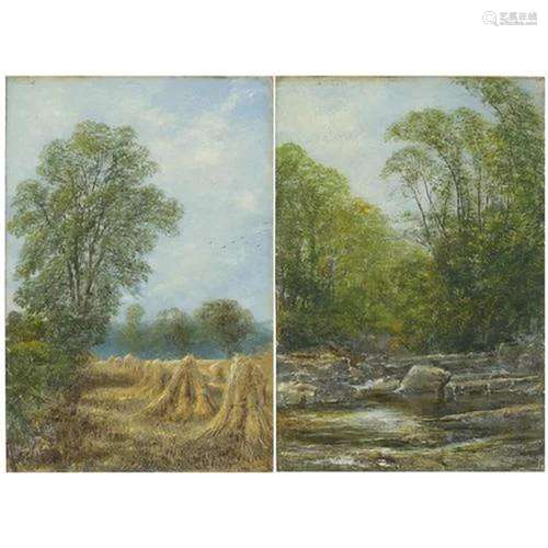 Hayricks and river landscape, pair of oil on boards, each wi...