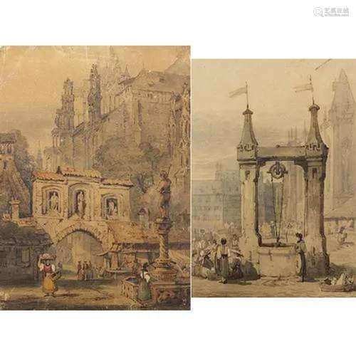 Attributed to Samuel Prout - Continental street scenes, two ...