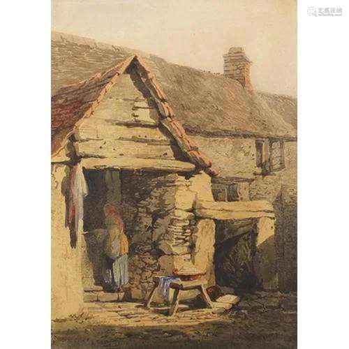 Attributed to Samuel Prout - Figure beside a cottage, 19th c...