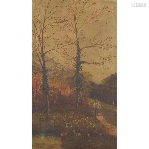 A Nielsen 1919 - Woodland landscape with figure, early 20th ...