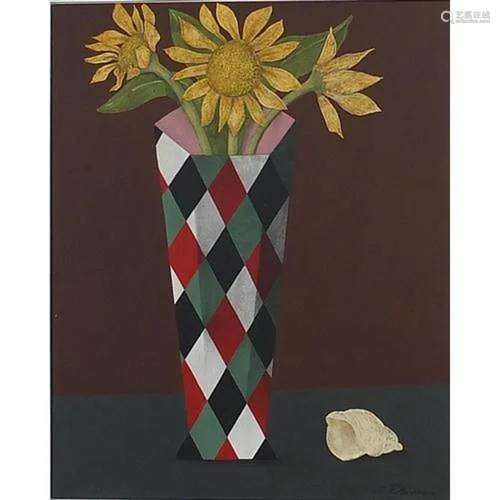 Geoffrey Robinson - Still life harlequin vase and sunflowers...