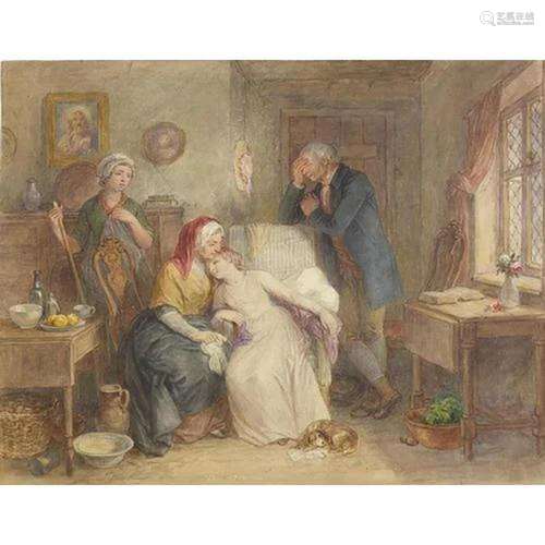 Interior scene with figures mourning, 19th century watercolo...