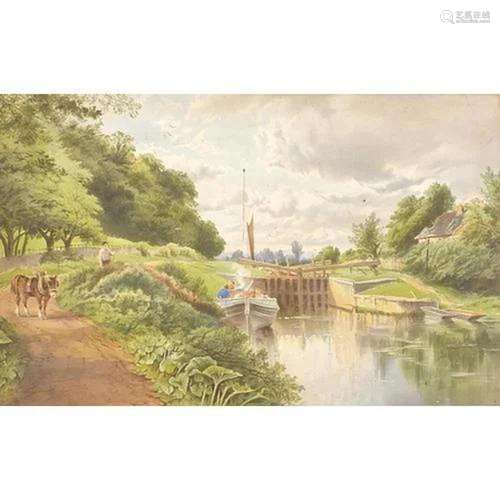 Canal lock with figures, 19th century watercolour, monogramm...