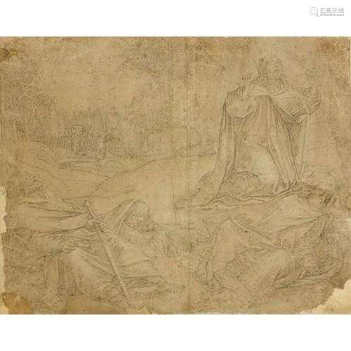 Classical scene with figure praying, antique Italian Old Mas...