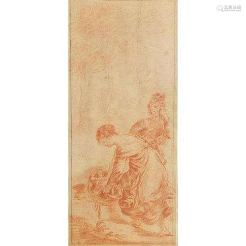 Two females with a child, antique sanguine chalk on paper, i...