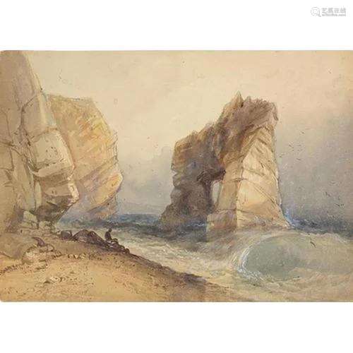 William Collingwood-Smith - Rocky coastal scene with seated ...