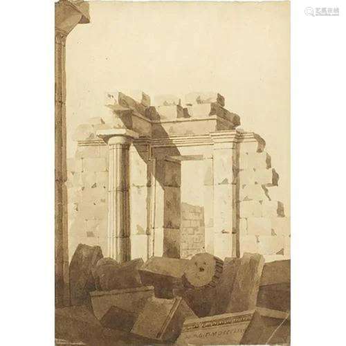 Roman ruins, 19th century sepia watercolour on paper, monogr...