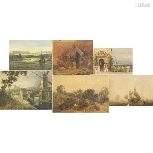 Landscapes, windmills and seascapes with boats, six 19th cen...