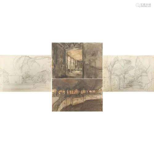 Eric Hebborn - Courtyards and interior scene, three watercol...