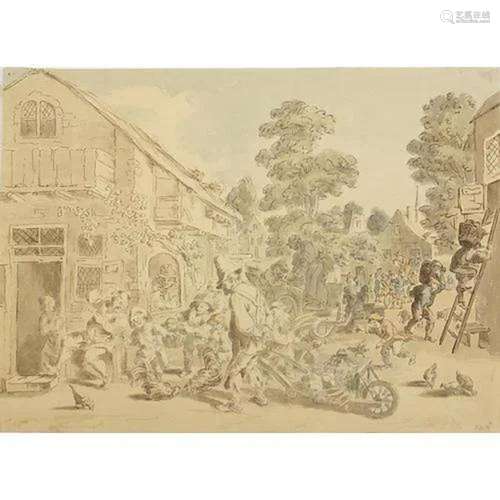 Attributed to Thomas Rowlandson - Busy street scene with fig...