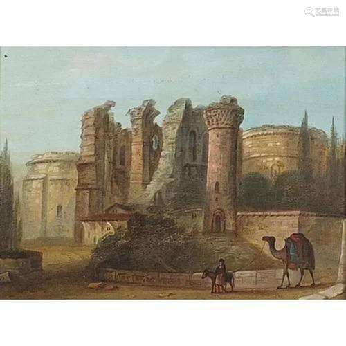 Figure with donkey and camel before a ruined castle, 19th ce...