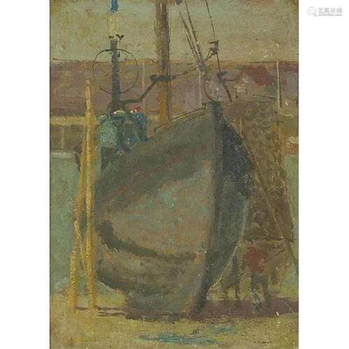 Jack Millar - Moored boat with figures, Modern British oil o...