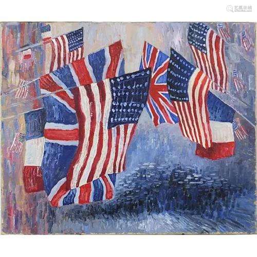 Wartime procession with flags, oil on canvas, unframed, 76cm...