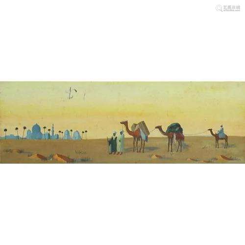 Figures and camels before a city, Middle Eastern watercolour...