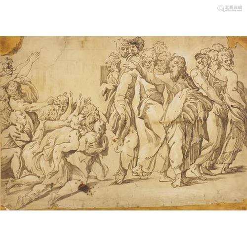 Christ healing the lepers, antique Old Master ink on paper, ...