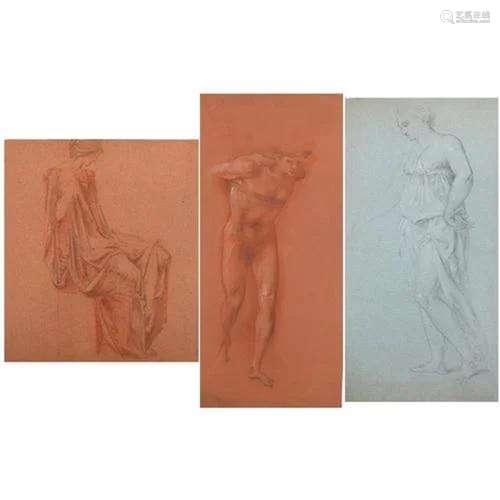 Figural studies, three pencil and chalk drawings on paper, o...