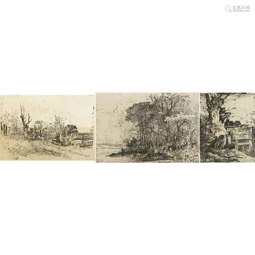 Wooded landscapes and cottage, three antique etchings includ...