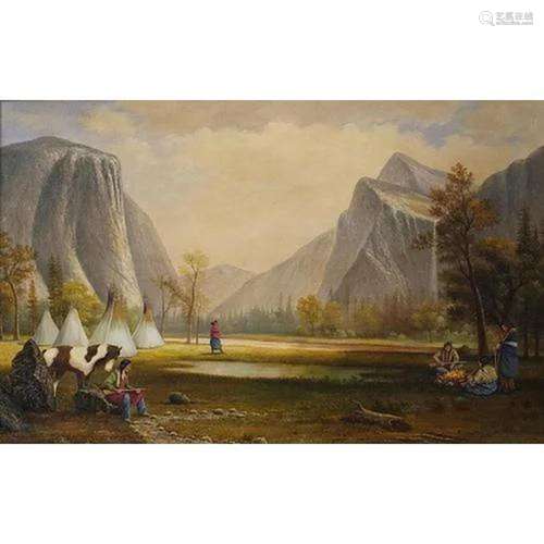 Red Indian encampment before mountains, 19th century oil on ...