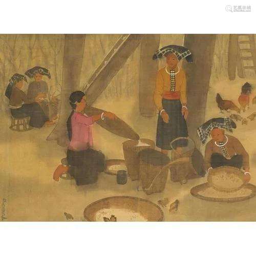 Rice harvesting, Asian school watercolour on silk, mounted, ...