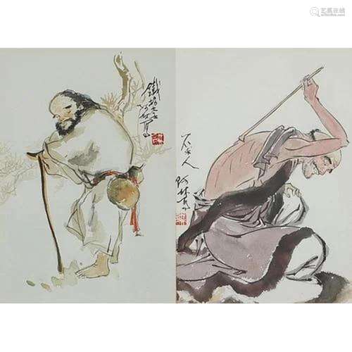 Monks, pair of Chinese ink and watercolours, each with chara...