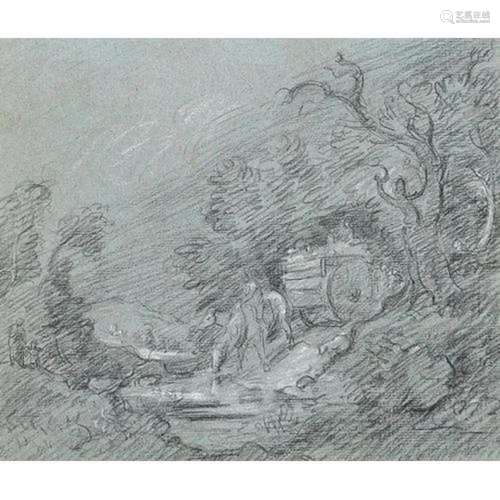 Manner of Thomas Gainsborough - Pastoral landscape with hors...