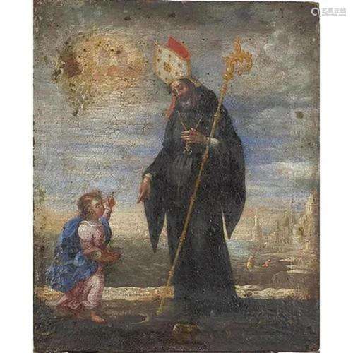 Saint Agabio and a cherub, 17th century oil on canvas, unfra...