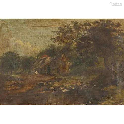 Figures before a watermill, 19th century English school oil ...