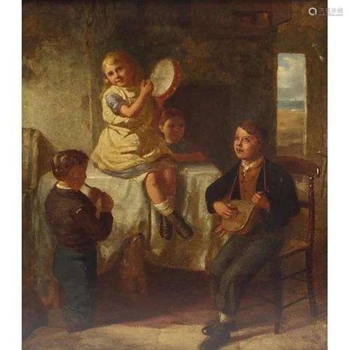 Children playing instruments in an interior, 19th century oi...