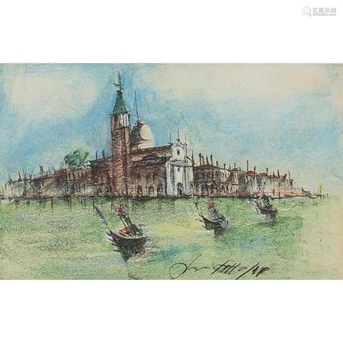 Venetian landscape with boats, pastel, indistinctly inscribe...