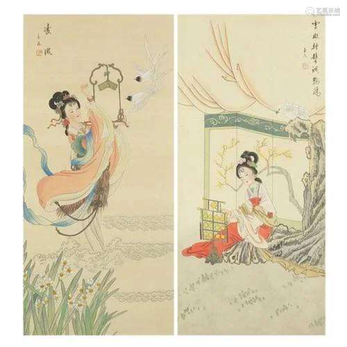 Females amongst birds and flowers, pair of Chinese watercolo...