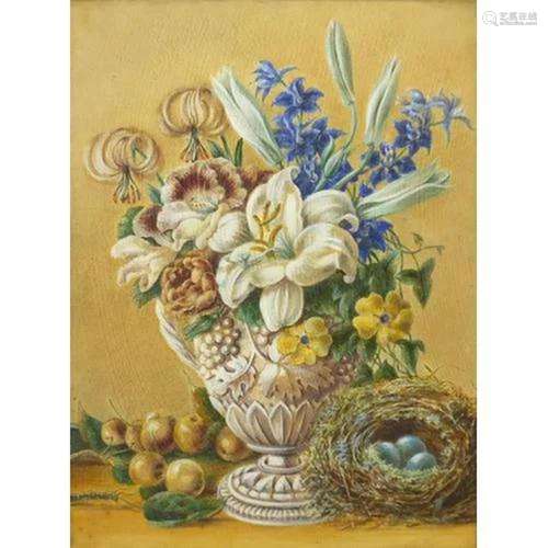 Still life flowers and birds nest, watercolour, framed and g...