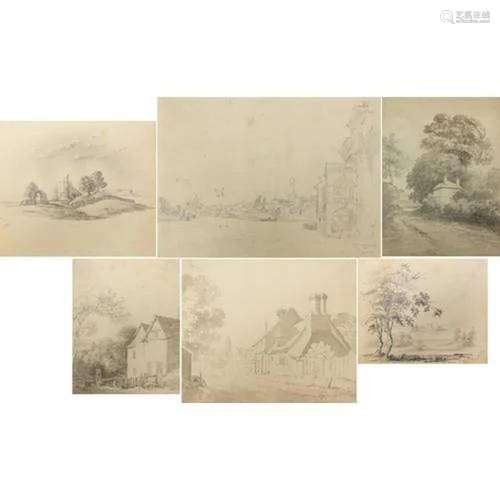 Landscapes with cottages and ruins, six 19th century pencil ...