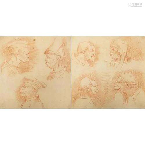 School of George Hayter - Grotesque portraits, pair of sangu...