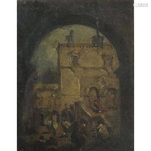 Figures below an archway, Italian Old Master style oil, moun...