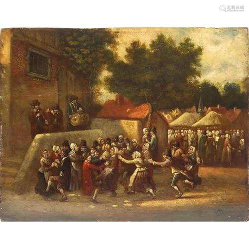 Figures dancing beside musicians, 17/18th century oil on woo...