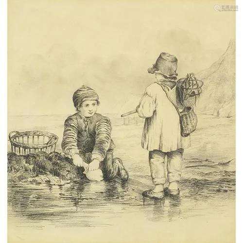 Two children crabbing on a beach, charcoal, mounted, framed ...