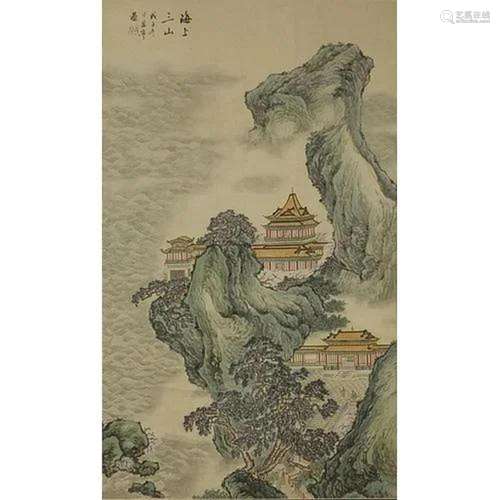 River landscape with pagodas, Chinese watercolour with chara...