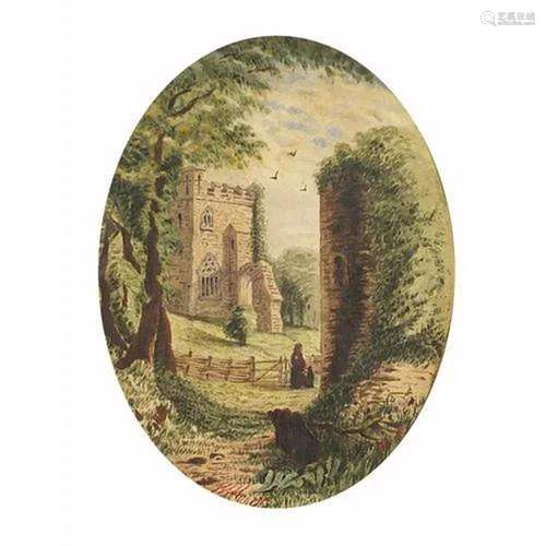 Mother and child before church ruins, 19th century oval wate...