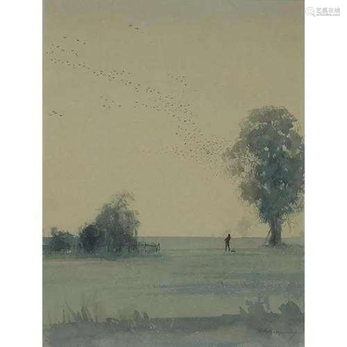 The Flight, birds migrating, English school watercolour, ind...