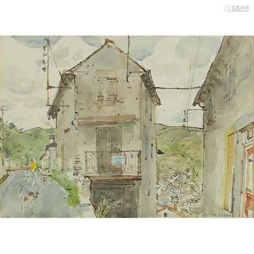 Street scene with figures and dogs, ink and watercolour, ind...