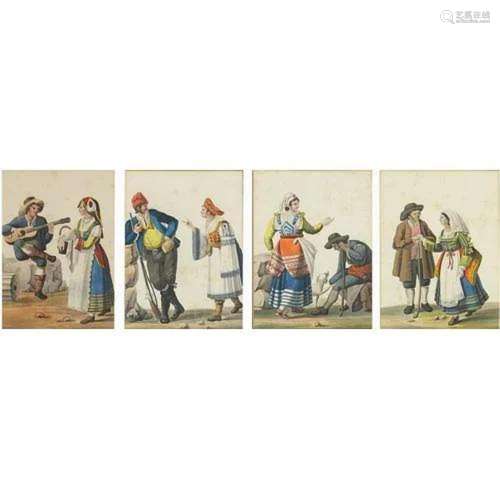 Figures wearing traditional dress, set of four 19th century ...