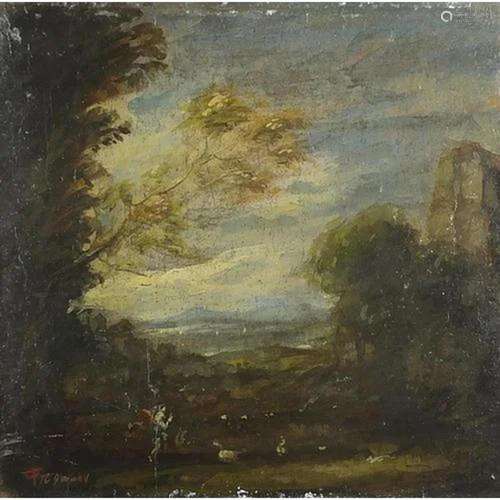 Figures before a landscape with trees, Old Master style oil ...