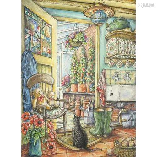 Lesley King - Interior scene with teddy bears, flowers and c...