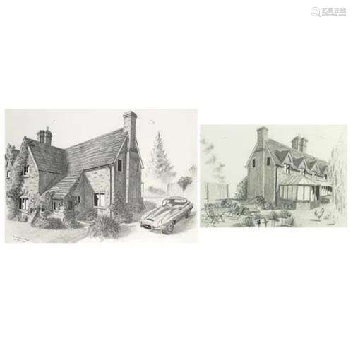 Broxham Cottages, pair of pencil drawings, each mounted, fra...