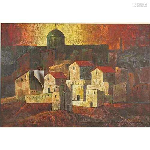 A Lucas - City landscape with buildings, continental oil on ...