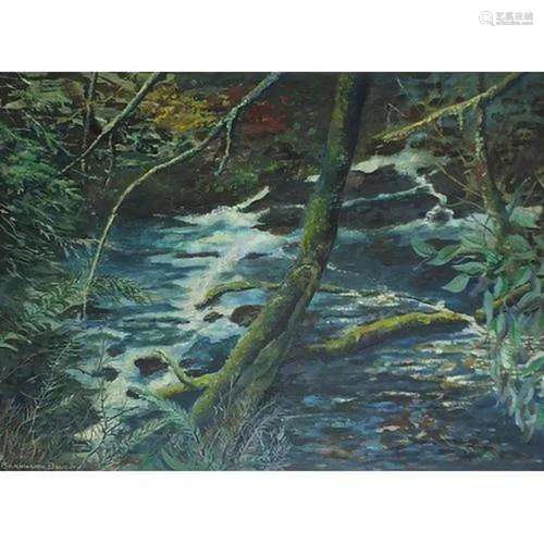 Barrington Doughty 1973 - River with tree branches, oil on b...