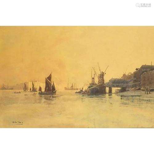 John Mace - Belfast Harbour with ships, Irish watercolour in...