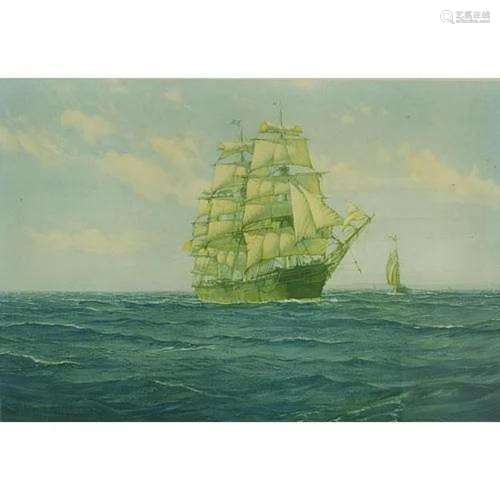 Montaque J Dawson - Tallship and boat on water, vintage penc...
