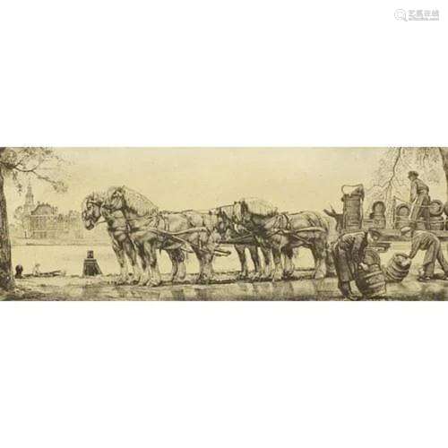 WG Hofker - Draymen unloading horse and cart before canal, C...