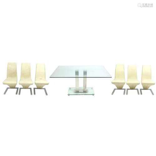 Contemporary chrome and glass dining table and six chairs wi...